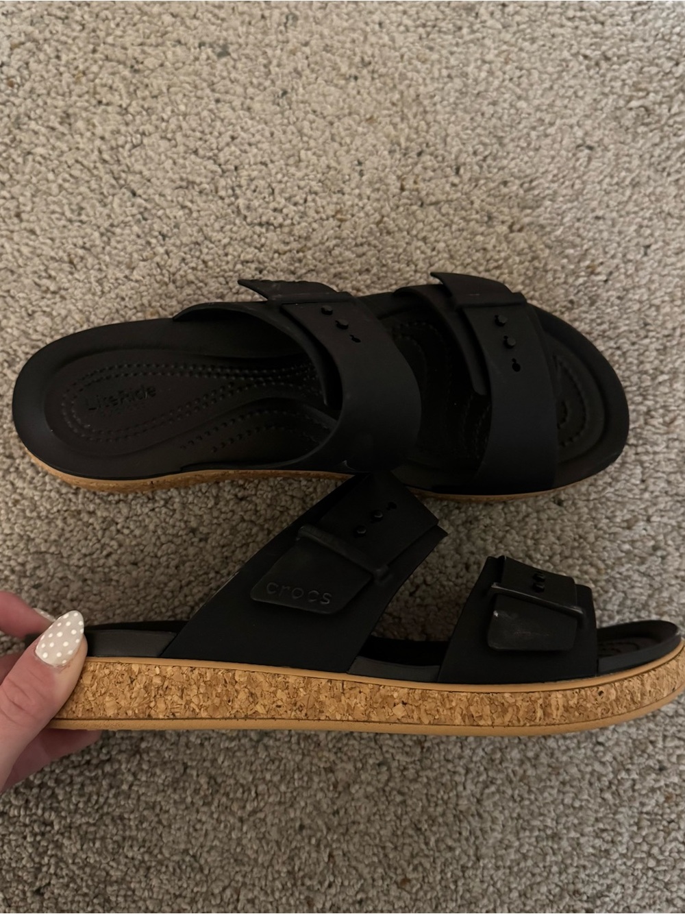 CROCS Black Dual-Strap Slide Sandals with Cork-Look Midsole